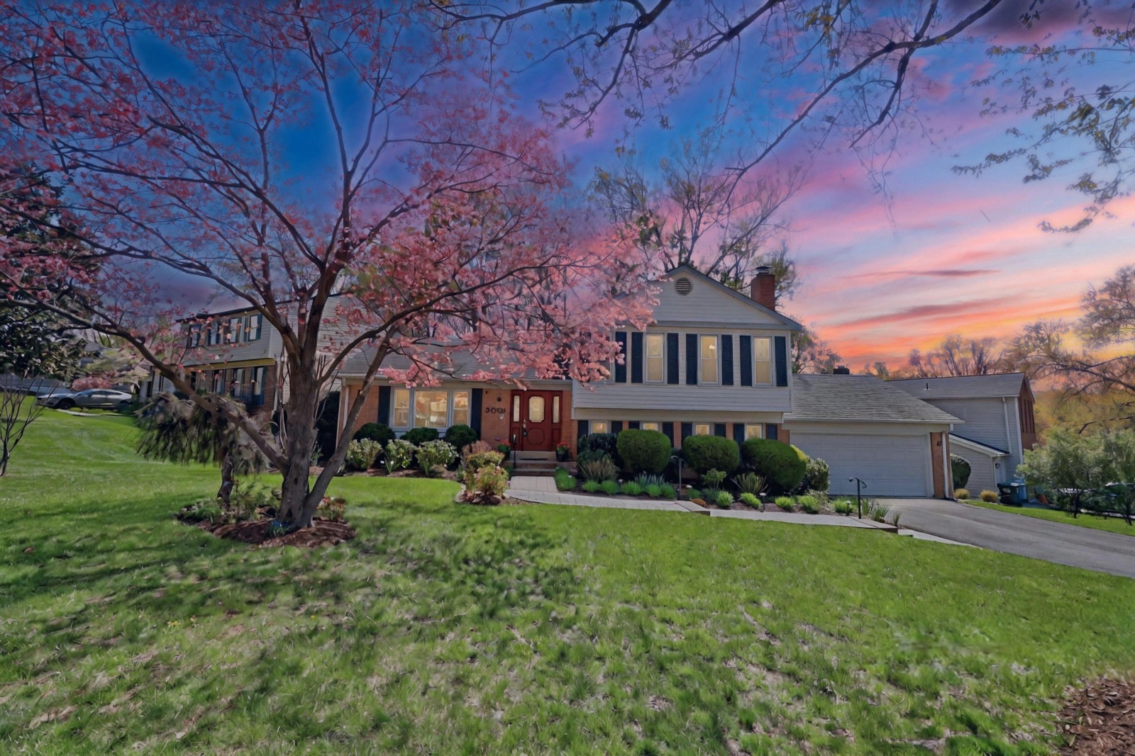Twilight garden view, 8001 Rockwood Ct